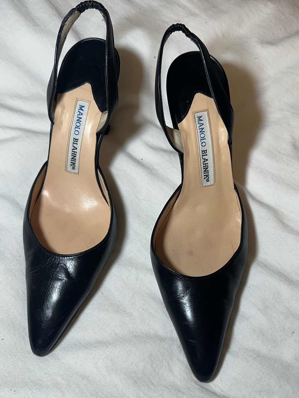Manolo Blahnik Black Leather Slingback Pointed Pumps